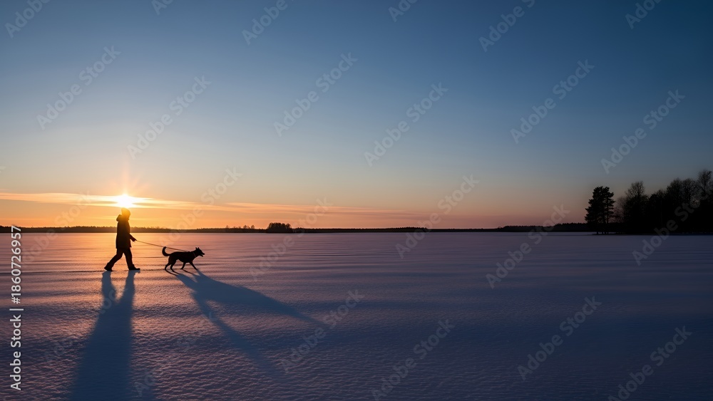 Fototapeta premium Silhouette of person walking dog on snowy landscape at sunset