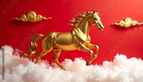 A golden horse statue running on a cloud with a red background