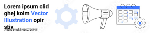 Business strategy, marketing campaigns, scheduling, management tools, time planning, communication. Simplistic icons with gear, megaphone and calendar. Business strategy and marketing campaigns