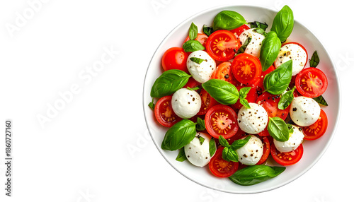 Caprese salad in white bowl with fresh tomatoes, mozzarella, and basil leaves