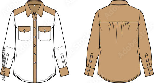 White and brown long sleeve button down shirt with two chest pockets white shirt