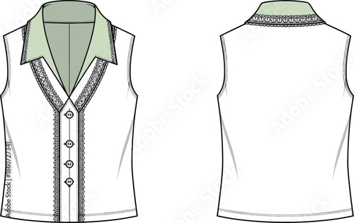 White sleeveless shirt with green collar and black embroidery white shirt fashion clothing garment