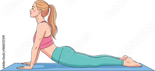 Woman in pink sports bra and teal leggings doing upward facing dog yoga pose on blue mat