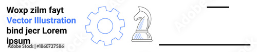 Strategy, innovation, business planning, teamwork, cognitive thinking, problem-solving. Chess knight and gear with text layout. Strategy and innovation concept for visuals