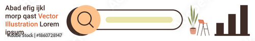Business analytics, data visualization, online search tools, minimal design, productivity, modern workspace. Search bar, magnifying glass icon bar graph plants. Business analytics and data