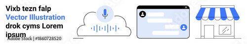 Voice recognition, digital communication, online stores, cloud services, small business, e-commerce. Microphone on cloud, message interface storefront. Voice recognition and digital communication