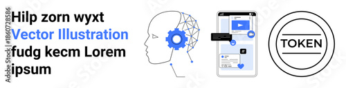 Digital innovation, AI systems, blockchain security, machine learning, token economy, mobile technology. Geometric AI head with circuitry, smartphone and token symbol. AI systems and blockchain