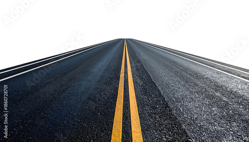 Perspective shot of a dark asphalt road with yellow dividing lines against a black void