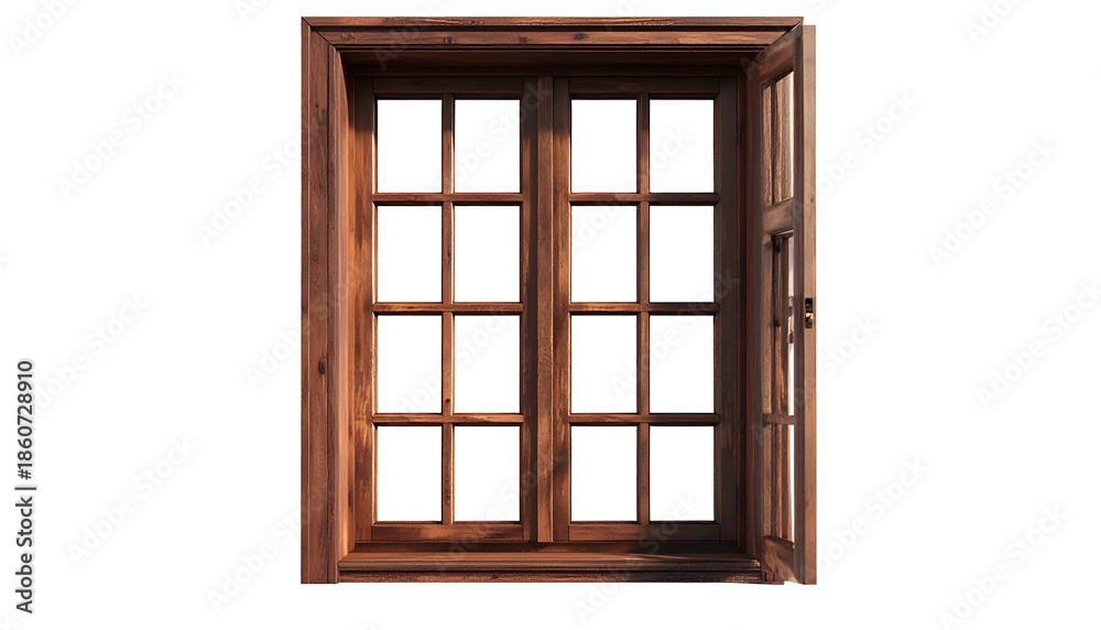 Obraz premium Rustic, wooden window with multiple panes, one side slightly ajar, set against black