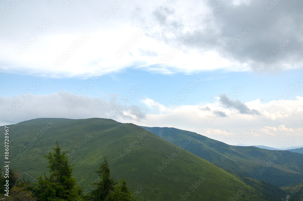 Fototapeta premium Serene mountain landscape featuring green hills and a distant valley beneath a blue sky scattered with clouds. Ideal for nature, travel, outdoor, and adventure themes. Carpathian Mountains, Ukraine