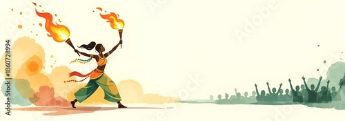 Strong Indian woman leading a crowd with flaming torches. Illustration of empowerment, protest, and revolution. Celebration for festival or Mardi Gras parade