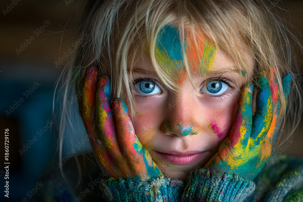 Naklejka premium Cute little girl with painted hands