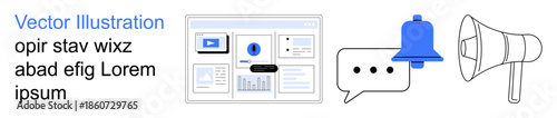 Digital marketing, social media, communication, analytics, notifications, advertising. Dashboard with graphs, chat bubble notification bell megaphone. Digital marketing and social media concept