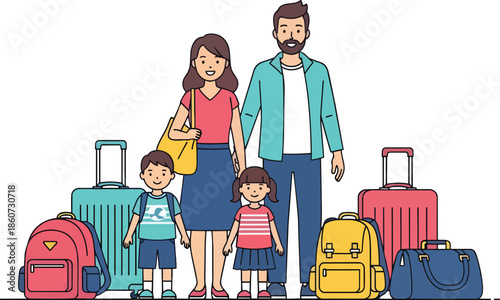 Family of four travelers with colorful suitcases.
