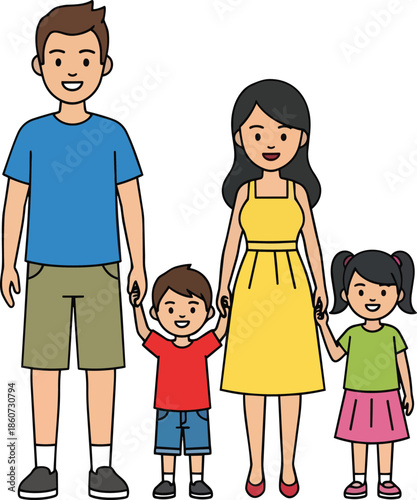 Family portrait of a father mother and two children standing together.