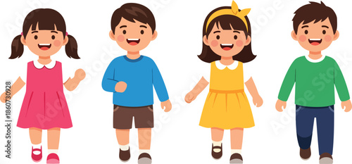 Four cheerful children standing together smiling.