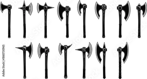 Black and gray of various battle axes with wooden handles black and gray medieval fantasy
