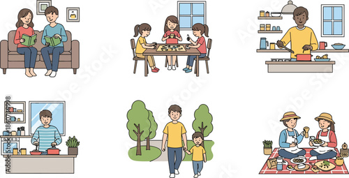 Group of diverse people in everyday life scenes illustration.