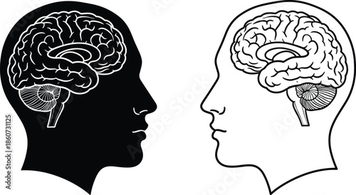 Black and white human head profiles with brain and cerebellum visible