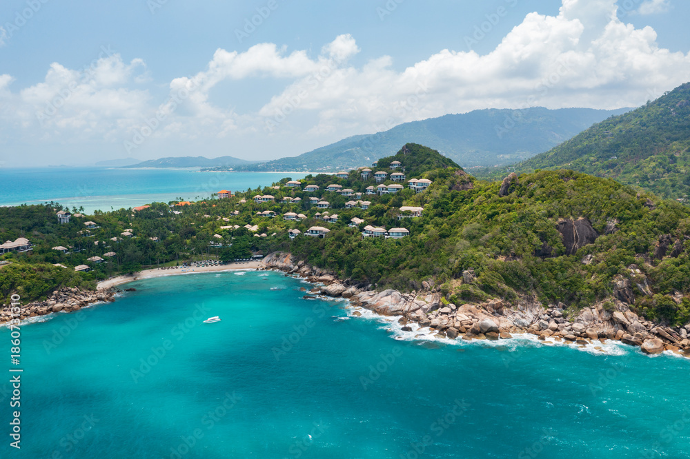 Fototapeta premium Aerial top view of Samui island Thailand form drone blue sky, white beach and green blue sea