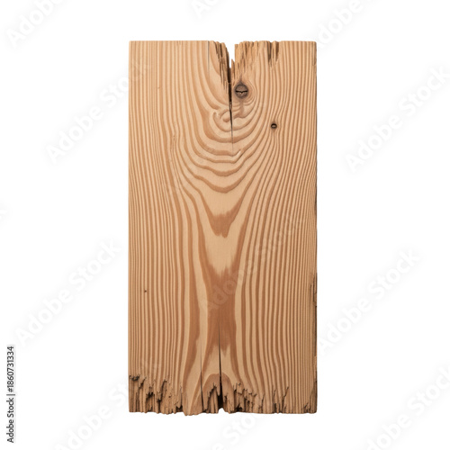 ultra-detailed macro shot of a light wood plank featuring wavy flame grain and rough, splintered edges, isolated on a transparent background. Concept of natural material texture