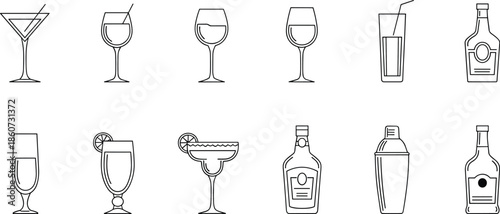 Black and white line of various cocktail glasses and bottles wine glasses martini glasses
