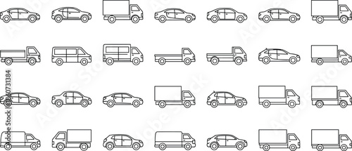 Black and white line of various vehicles cars trucks vans line black and white