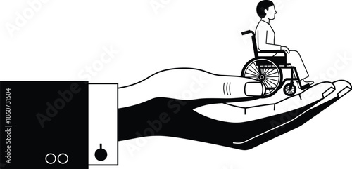 Black and white of a person in a wheelchair on the palm of a giant hand disabled