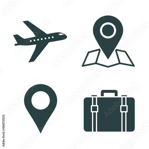 Travel and Journey Essentials - Airplane, Map Pin, Suitcase, and Location.
