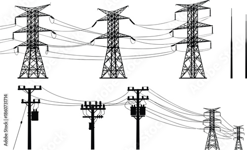 Black and white of power lines and towers transmission towers electricity infrastructure