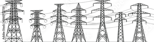 Black and white of multiple power transmission towers with wires power lines electricity
