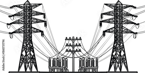 Black and white of power transmission towers and electrical substation voltage electricity