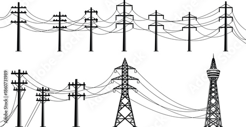 Black and white of various power line towers and transmission lines power lines transmission towers