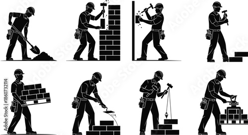 Black and white silhouettes of construction workers performing various tasks bricklaying