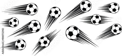 Black and white soccer balls with motion lines speed movement
