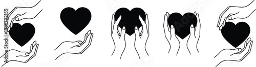 Black heart shapes held by hands in different positions white background line symbol
