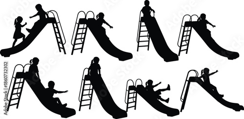 Black silhouettes of children playing on slides kids playground