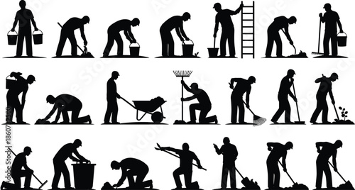 Black silhouettes of people doing gardening and yard work workers 1