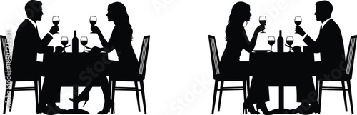 Black silhouettes of couples sitting at a table with wine glasses and bottles tables