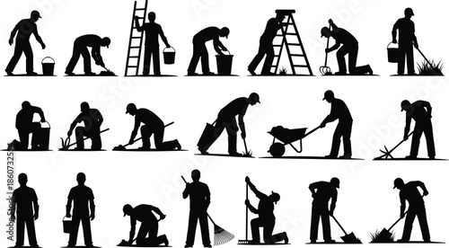 Black silhouettes of people doing gardening and yard work workers