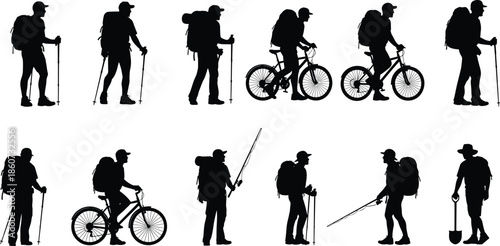 Black silhouettes of people hiking and biking with backpacks and trekking poles
