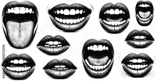 Black and white of various mouths and lips showing teeth and expressions
