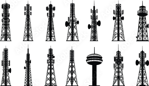 Black silhouettes of various communication towers cell towers radio towers tower silhouettes