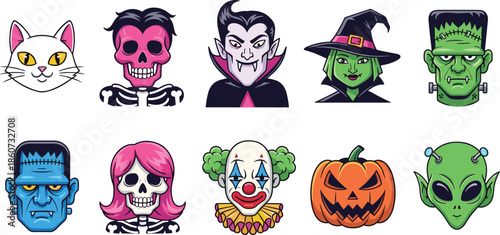 Cartoon halloween characters faces monsters