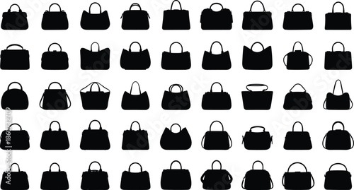 Black silhouettes of various handbags on white background bag shapes 1