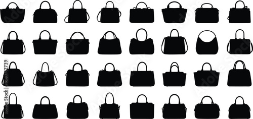 Black silhouettes of various handbags on white background bag shapes