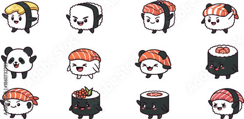 Cartoon sushi characters with various expressions smiling panda