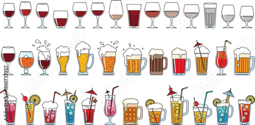 Colorful of various alcoholic and non-alcoholic drinks in glasses wine glasses beer mugs