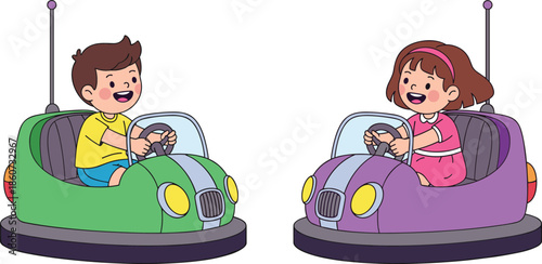 Cartoon children riding green and purple bumper cars cartoon kids green car purple car