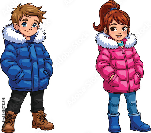 Cartoon children wearing winter coats and boots kids